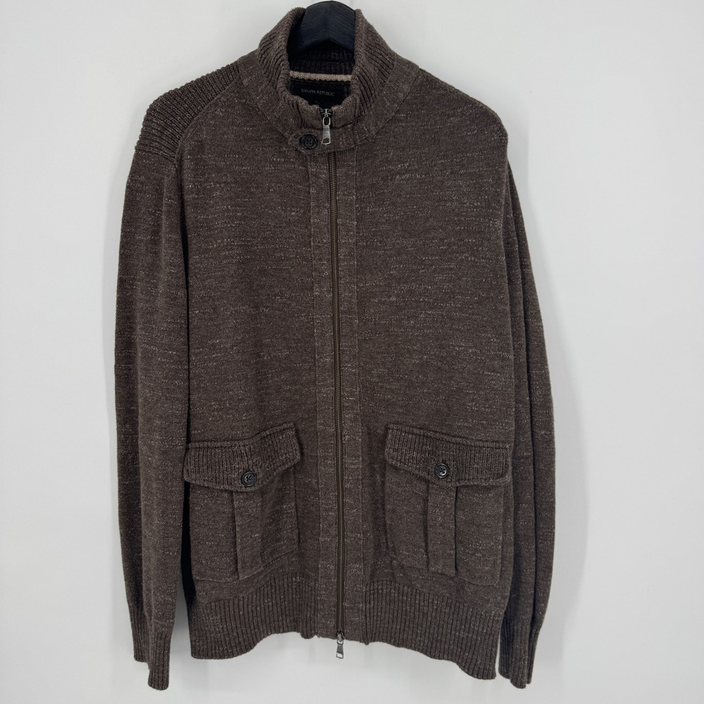 Banana Republic Mens Brown Speckled Knit Full Zip Cardigan Sweater XL